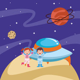 cartoon astronauts kids and flying saucer in the space with planets