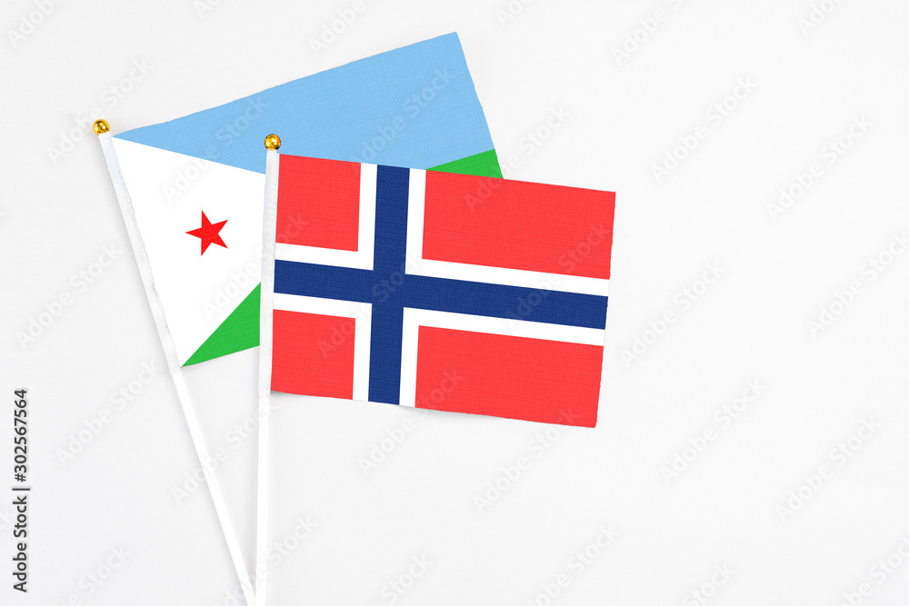 Bouvet Islands and Djibouti stick flags on white background. High quality fabric, miniature national flag. Peaceful global concept.White floor for copy space.