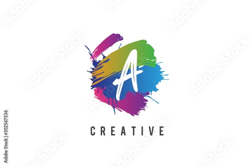 Hand lettering brush initial letter A inside colorful paintbrush template design