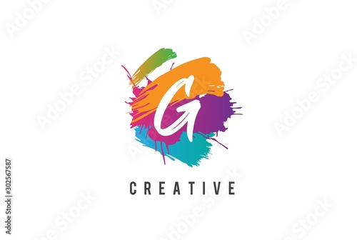 Hand lettering brush initial letter G inside colorful paintbrush template design