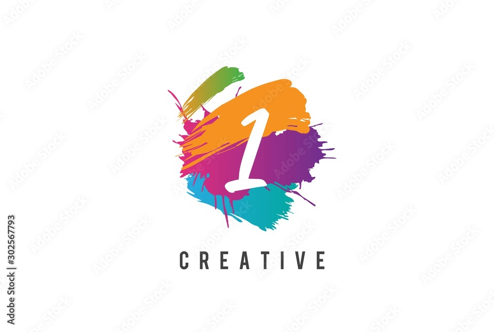 Hand lettering brush initial number 1 inside colorful paintbrush template design