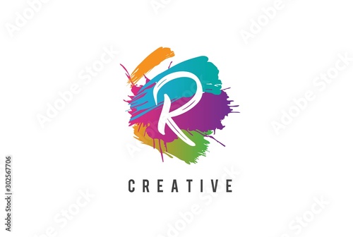 Hand lettering brush initial letter r inside colorful paintbrush template design