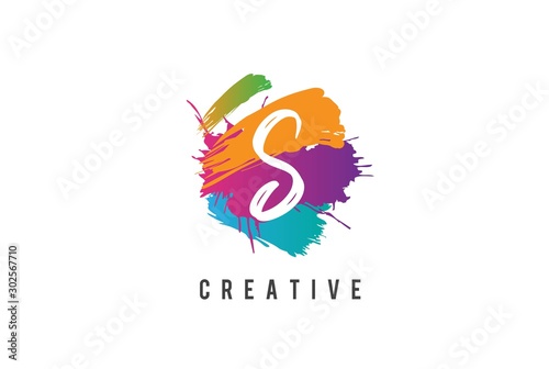 Hand lettering brush initial letter s inside colorful paintbrush template design