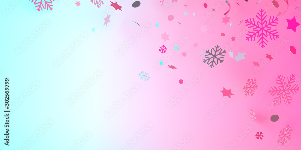Winter creative concept, snow icon,  glittering confetti on blue pink pastel gradient background. Copy space text area, 3D rendering illustration.
