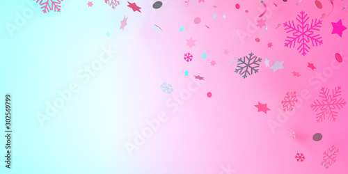 Winter creative concept, snow icon, glittering confetti on blue pink pastel gradient background. Copy space text area, 3D rendering illustration.