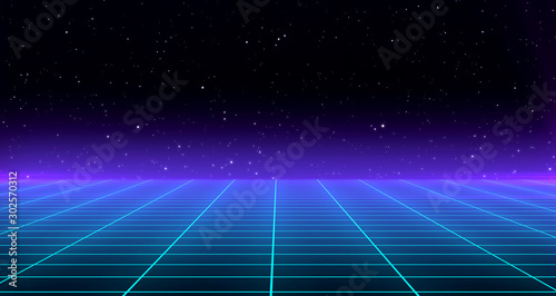Retro Sci-Fi Background Futuristic Grid landscape of the 80`s. Abstract Digital Cyber Surface. Design in the style of the 1980`s. 3D illustration