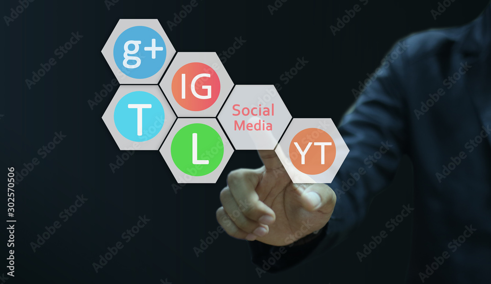 Business man touch button connect social media network Business man touch button connect social media network