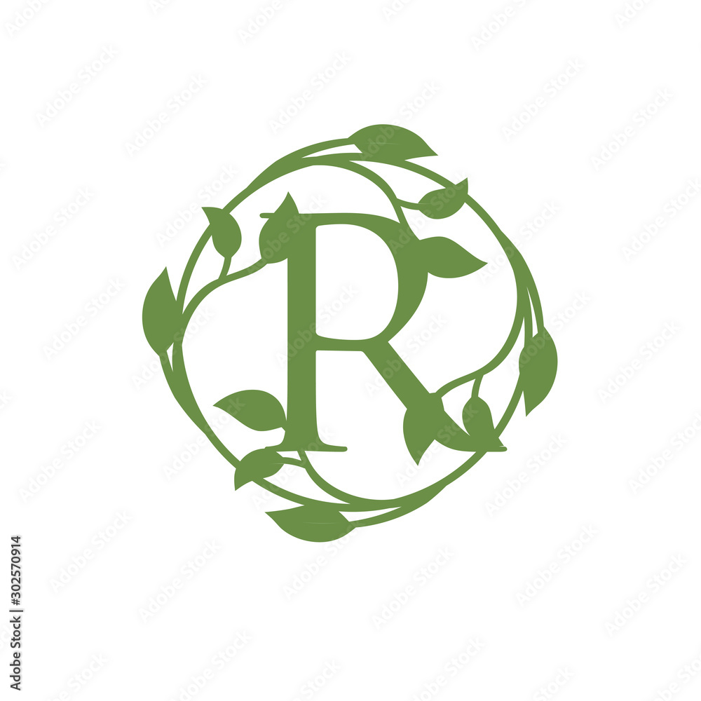 initial letter R with circle green leaf vector illustration