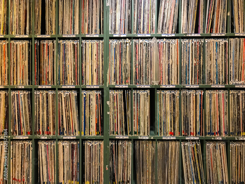 Collection of vinyl records on a shelf