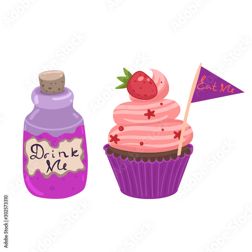 Drink me, eat me Cake and bottles isolated on white background. Vector graphics.