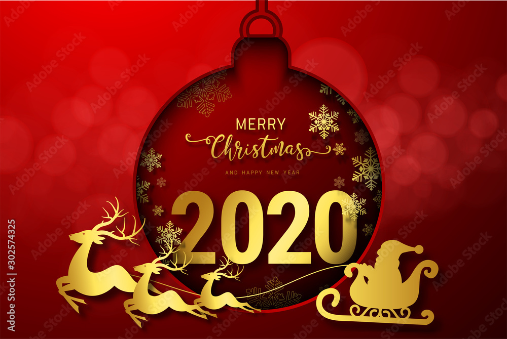 Happy New Year 2020 and Merry Christmas greeting card.