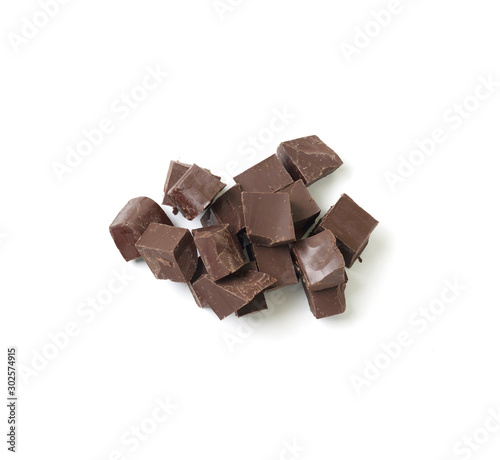 chocolate pieces on white background