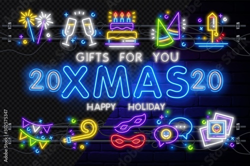 Set of Christmas colorful neon signs makes it quick and easy to customize your holiday projects. Used neon vector brushes included.