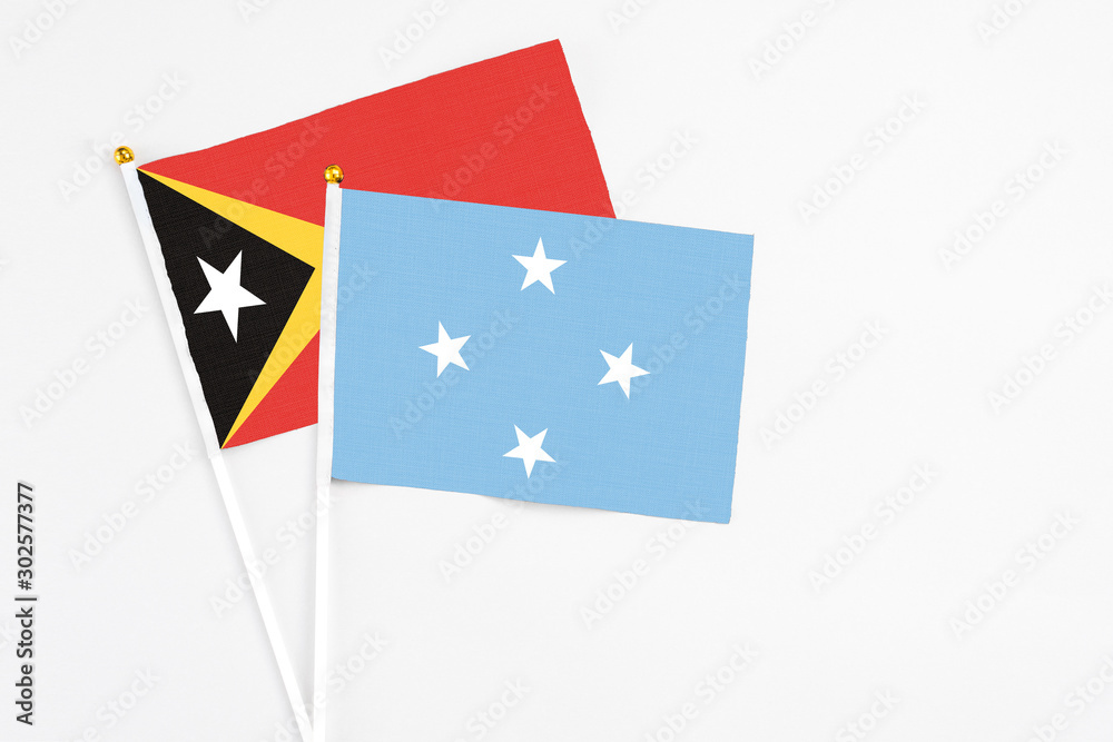 Micronesia and East Timor stick flags on white background. High quality fabric, miniature national flag. Peaceful global concept.White floor for copy space. Micronesia and East Timor stick flags on white background. High quality fabric, miniature national flag. Peaceful global concept.White floor for copy space.