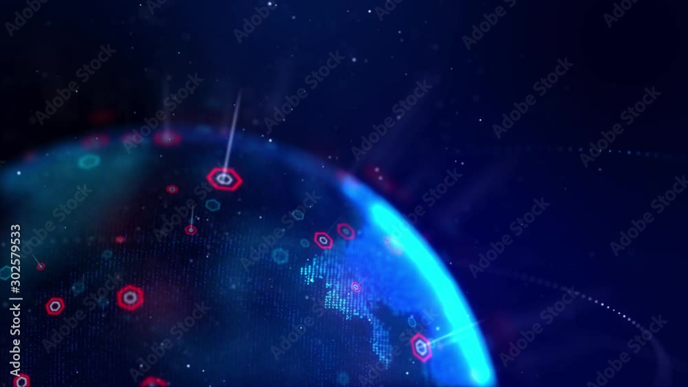 Dot and hexagon shape spinning globe with world map and particle lighting dust effect  for cyber futuristic concept select focus shallow depth of field, dark and grain processed