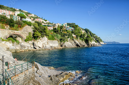 Breathtaking view on Mediterranean sea beach on Liguria region in Italy. Awesome landscape of Zoagli with colorful houses.
