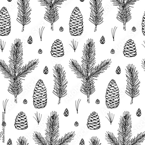 Hand drawn Christmas seamless pattern with fir tree and pine tree branches and cones isolated on white background. Vector illustration in sketch style