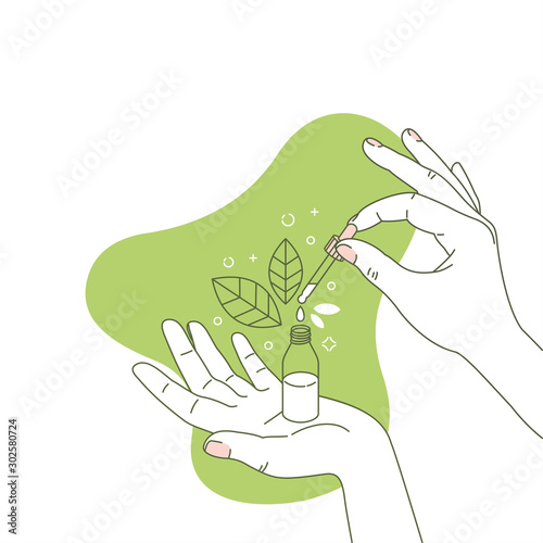 Woman hand holding organic cosmetic bottle. Cosmetics floral organic illustration. Natural ingredient. Vector illustration