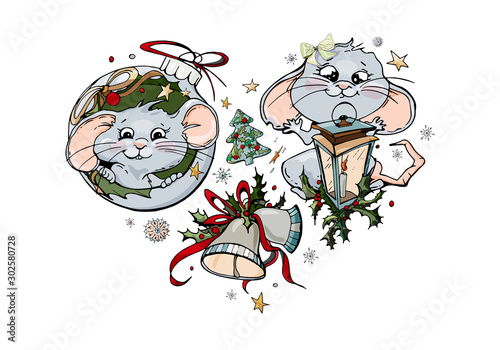 Vector colored sketch of Christmas objects, funny rats with a magic lantern, ball, bells, snowflakes, stars. Set of New year elements isolated on white. Hand-drawn design elements. 