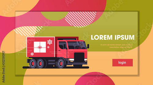 delivery van with gift box container shipping transport for merry christmas happy new year winter holidays celebration concept horizontal copy space flat vector illustration