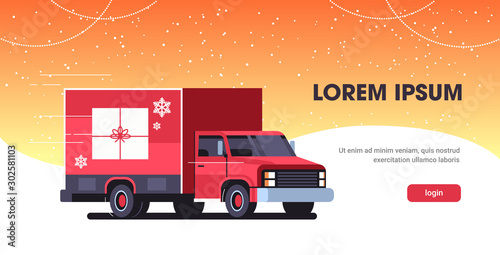 delivery van with gift box container shipping transport for merry christmas happy new year winter holidays celebration concept horizontal copy space flat vector illustration