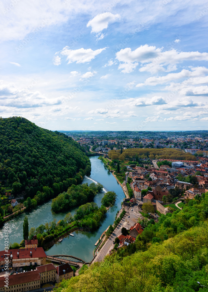 Landscape from Citadel of Besancon and River Doubs of Bourgogne Franche-Comte region, France. French Castle and medieval stone fortress in Burgundy. Fortress architecture and scenery. View from tower
