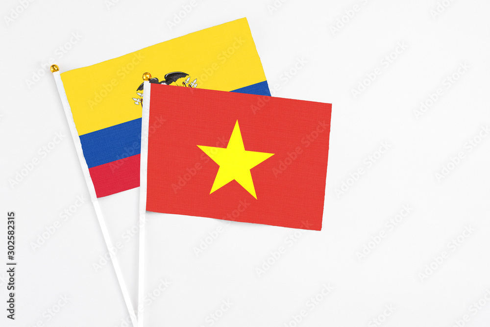 Vietnam and Ecuador stick flags on white background. High quality fabric, miniature national flag. Peaceful global concept.White floor for copy space. Vietnam and Ecuador stick flags on white background. High quality fabric, miniature national flag. Peaceful global concept.White floor for copy space.