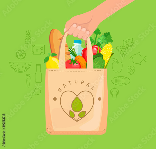 Eco Fabric Cloth Bag full of natural food, vegetables, fruits, bread, water. The concept of caring for the environment,reuse things, healthy shopping. Vector illustration.