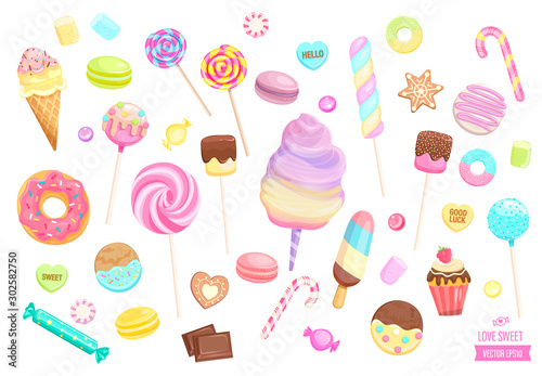 Big set isolated sweets on white background-ice cream,candy,macaroon,cupcake,lollipop,caramel,marmalade.Template for confectionery,sweet banner and poster,advertise for candyshop. Vector illustration photo