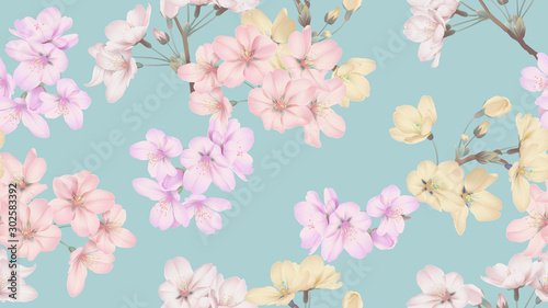 Floral seamless pattern, colorful Somei Yoshino sakura flowers on blue