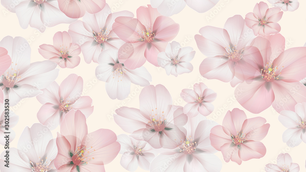 Floral seamless pattern, Somei Yoshino sakura flowers on light orange Floral seamless pattern, Somei Yoshino sakura flowers on light orange