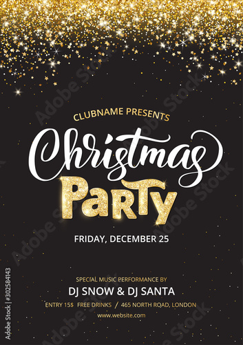 Christmas party poster template. Sparkling glitter holiday background