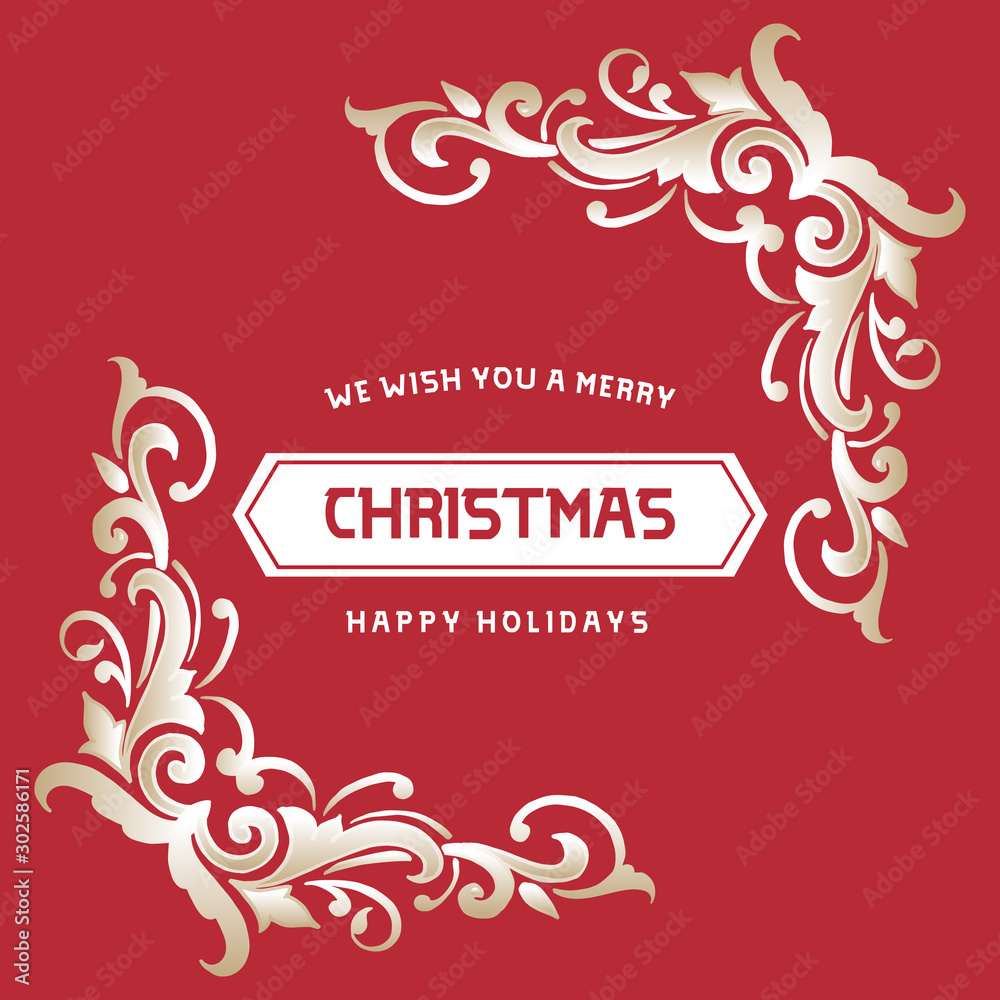 Beautiful greeting card christmas happy holiday, with cute leaf flower frame drawing. Vector