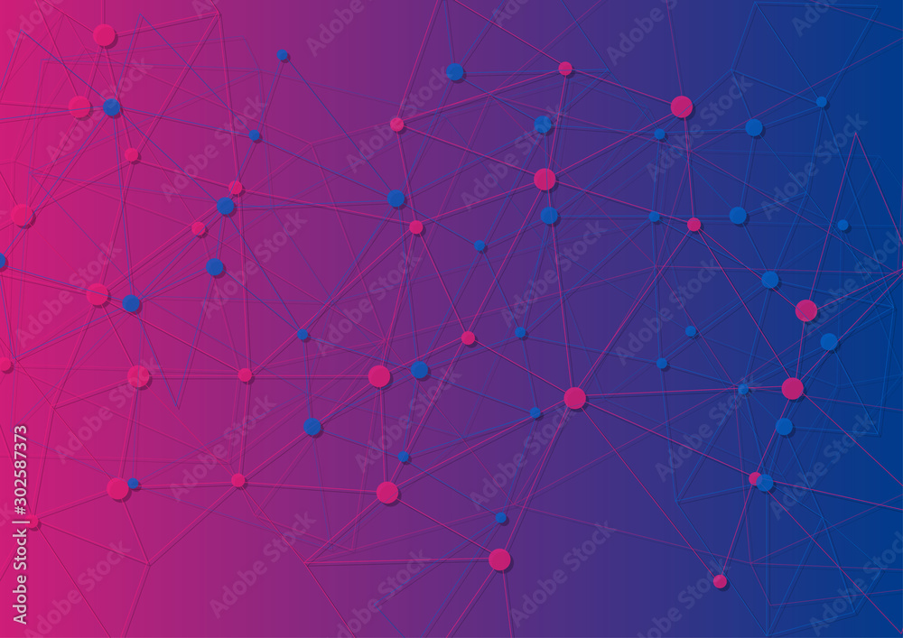 Technology low poly neon connection abstract background. Blue and purple vector design