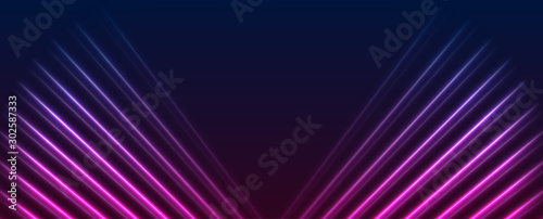 Blue and ultraviolet neon laser lines. Abstract technology retro background. Futuristic glowing banner design. Vector illustration