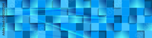 Abstract tech banner with blue glossy mosaic squares pattern. Vector geometric background
