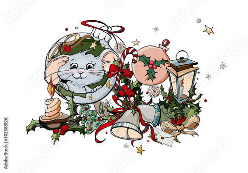 Vector colored sketch of Christmas objects, a funny mouse into a ball, a magic lantern, bells, a candle, snowflakes, stars. Set of New year elements isolated on white. Hand-drawn design elements. 