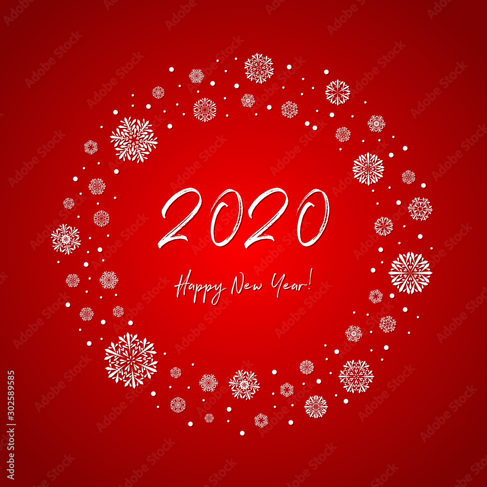 2020 happy new year. white text on red gradient with snowflakes frame. vector illustration. template for greeting card, banner, invitation, sign, postcard, vignette, flyer