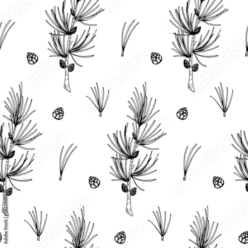 Hand drawn Christmas seamless pattern with larch branches isolated on white background. Vector illustration in sketch style