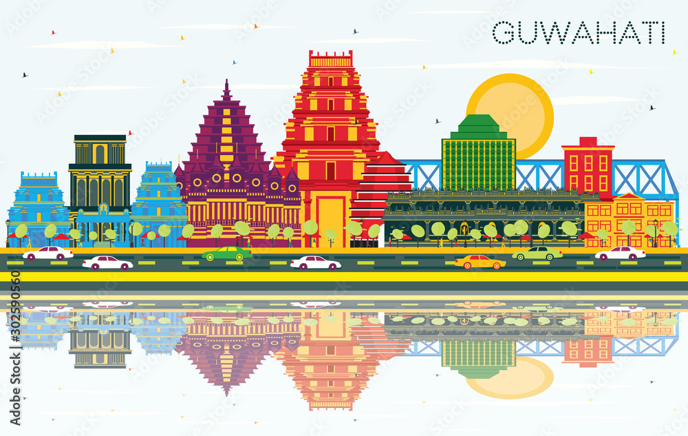 Guwahati India City Skyline with Color Buildings, Blue Sky and Reflections. Vector Illustration. Business Travel and Tourism Concept with Modern Architecture. Guwahati Cityscape with Landmarks. 