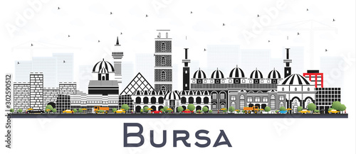 Bursa Turkey City Skyline with Color Buildings Isolated on White.