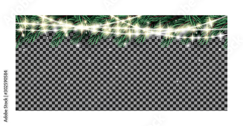 Fir Branch with Neon Garland Lights on Transparent Background.