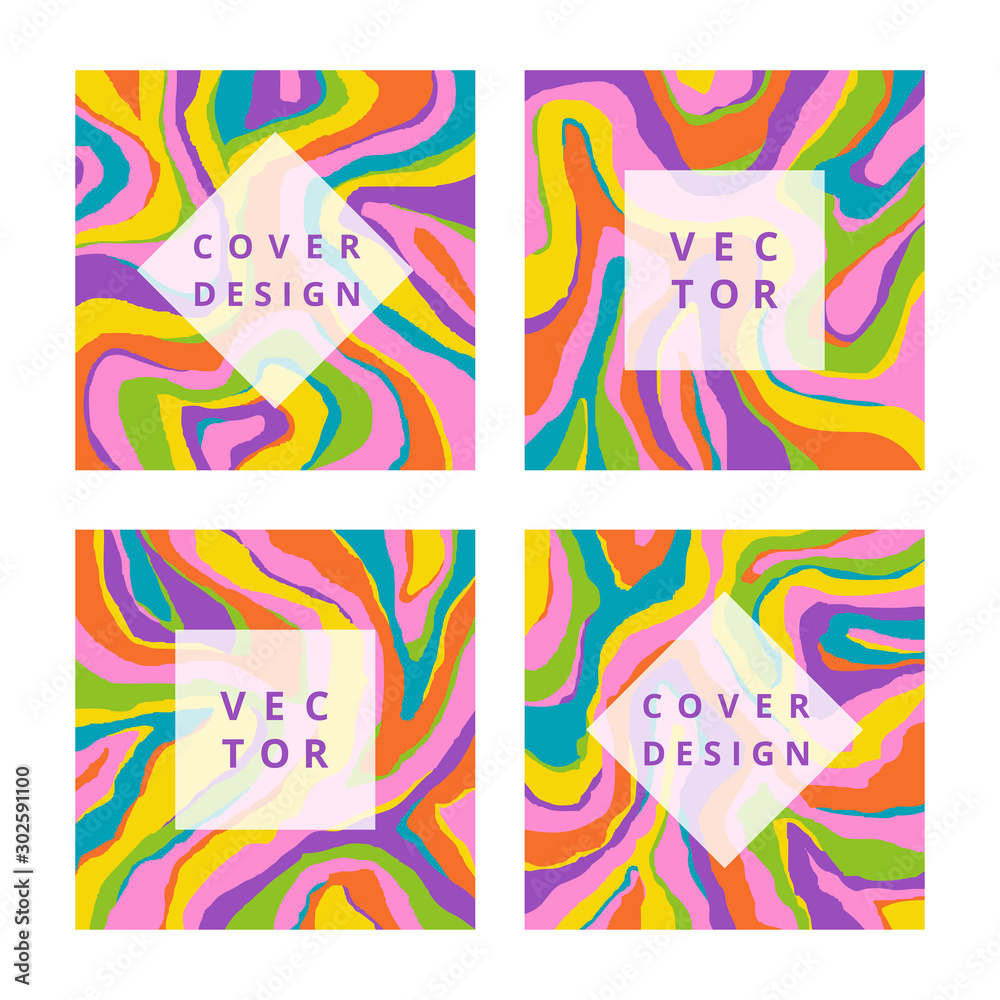 Fashion set of abstract square banner with striped texture. Modern design template with psychedelic background. Retro cover for branding design. Vector illustration