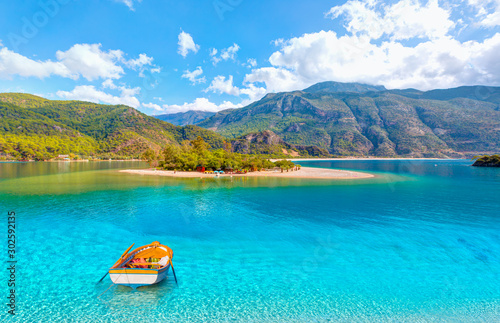 Fototapeta Naklejka Na Ścianę i Meble -  Oludeniz Beach And Blue Lagoon with rainbow, Oludeniz beach is best beaches in Turkey - Fethiye, Turke