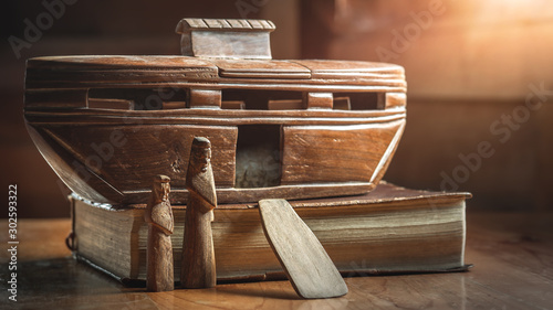 Bilde på lerret Noah's Ark on the Bible, story in Bible, Wood carving doll, christian concept