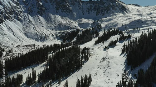 Panning down drone footage from Lenawee mountain range to skiers on Arapahoe Basin in Summit County Colorado photo