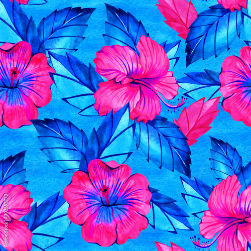 Hibiscus. Seamless exotic pattern with tropical leaves and flowers on a white background. Watercolor illustration.