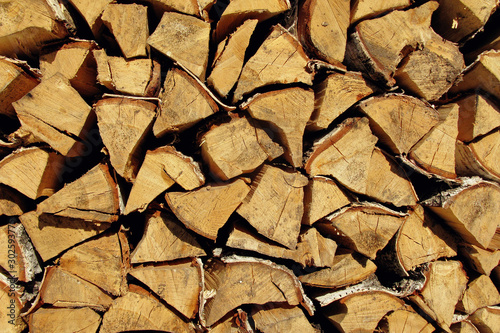 Folded firewood. Wood background. Texture saw cut wood