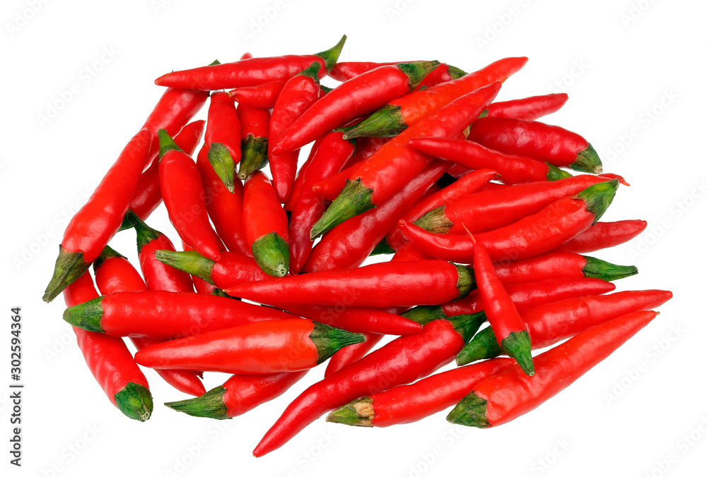 Daily food product - pods of super hot red spicy micro chili peppers in heap on table  isolated macro