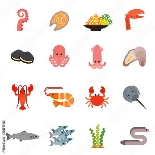 Fish and Seafood set design flat icons set with white background.